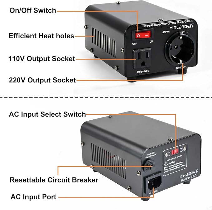 Yinleader 110v to 220v European Voltage Converter Transformer 500W | Step Up Converter 110/120 Volt to 220/230/240 Volt or Step Down 220 to 110,[110V US Power Cord Included Only, No 220V Cord]