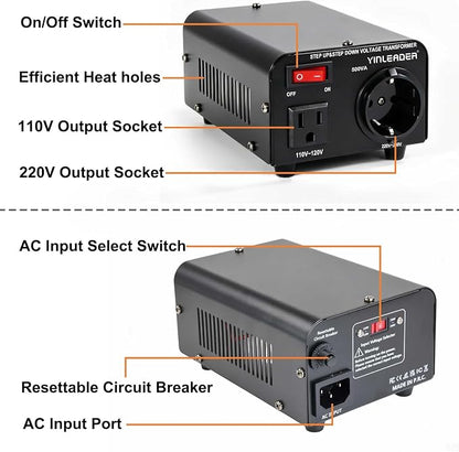 Yinleader 110v to 220v European Voltage Converter Transformer 500W | Step Up Converter 110/120 Volt to 220/230/240 Volt or Step Down 220 to 110,[110V US Power Cord Included Only, No 220V Cord]
