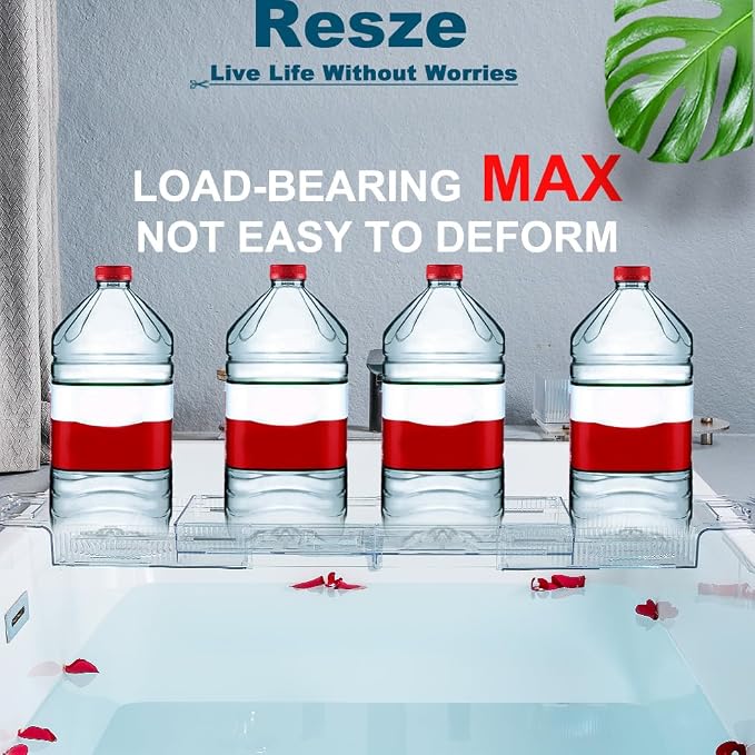 Resze Premium Clear Bathtub Caddy Tray, Expandable Plastic Bath Tray with BPA-Free, Waterproof Foldable Bathtub Shelf, Perfect for a New Home & Mother’s Day & a Birthday Gift for Mom