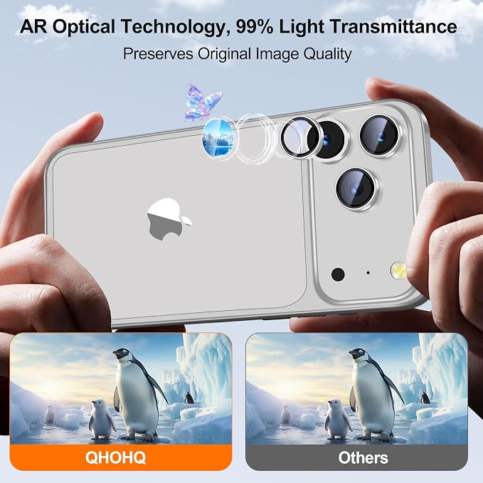 QHOHQ 2 Set Camera Lens Protector for iPhone 17 Pro Max/17 Pro/16 Pro Max/16 Pro/15 Pro Max/15 Pro, Individual Anti Shatter Lens Protector,[15FT Military Grade Protection],1-Second Auto-Install- Silver