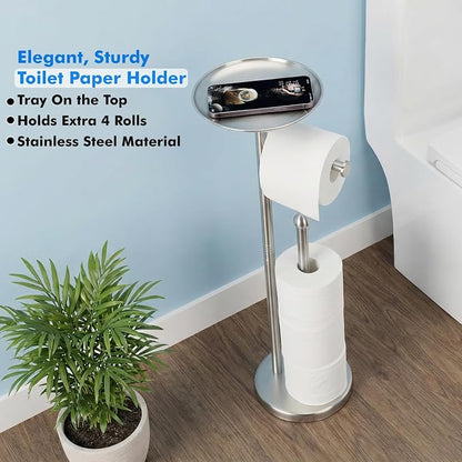 Toilet Paper Holder with Shelf, Toilet Paper Stand for Holding Extra 4 Toile Paper Rolls, Freestanding Toilet Paper Roll Storage, Heavy Base No Tipping Over (Stainless Steel, Brushed Nickel)