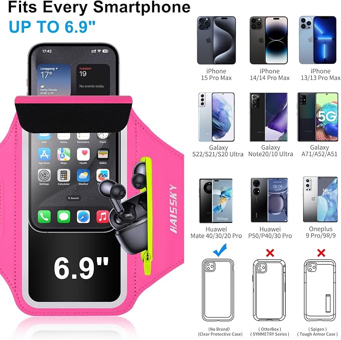 Cell Phone Running Armband with Zipper Pocket Armband Case Running Holder for iPhone 16 Pro Max/15/14 Pro Max/13/12 /11 Pro Max/XS/XR,Galaxy S20 S10,Sweatproof Arm Band with Card/Key Bag