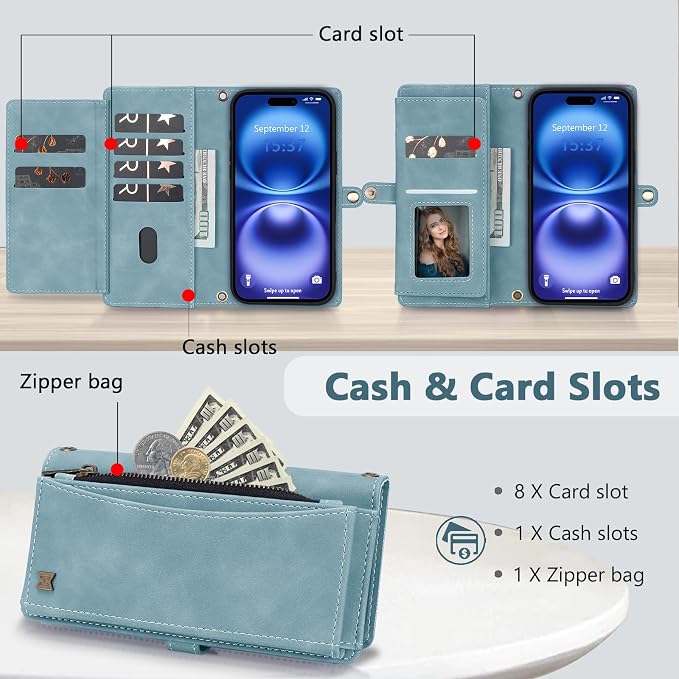 Wallet Case for iPhone 16 with Card Holder/Crossbody Wallet/Strap| RFID Blocking | Magnetic | Kickstand | Detachable | PU Leather Phone Case for iPhone 16,6.1 in,Blue