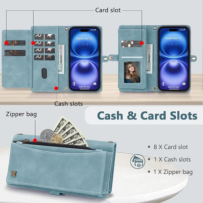Wallet Case for iPhone 16 with Card Holder/Crossbody Wallet/Strap| RFID Blocking | Magnetic | Kickstand | Detachable | PU Leather Phone Case for iPhone 16,6.1 in,Blue