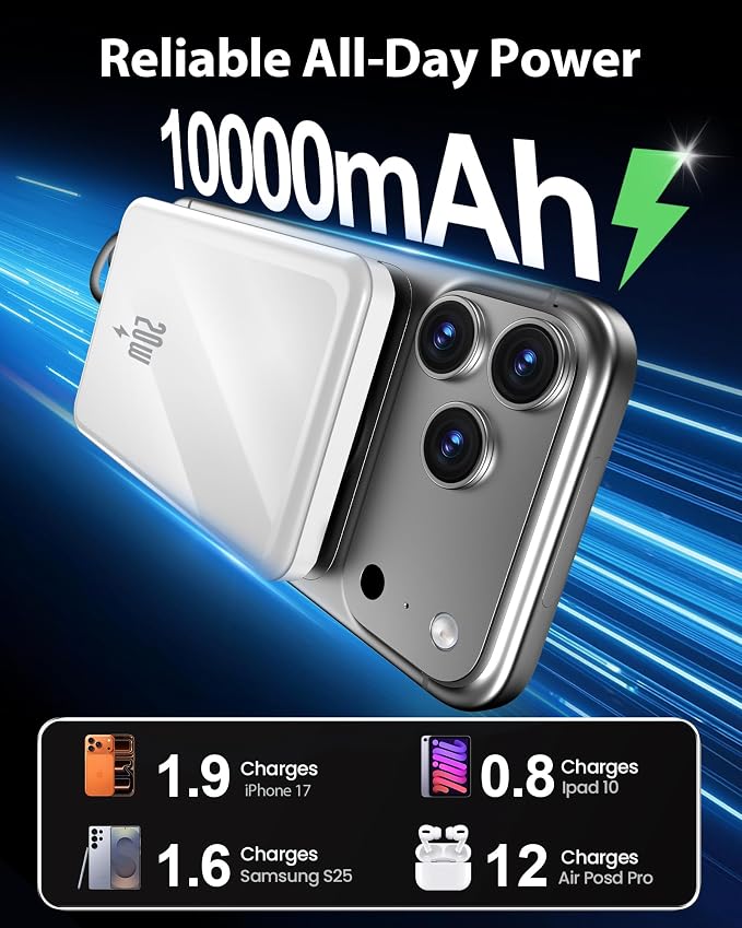 golioklsy Portable Charger Power Bank, 10000mAh Phone Charger with Built-in Cable, 20W PD Fast Charging, Slim Battery Pack with LED Display, Travel Essential for iPhone 17/16/15/14 All Series, White