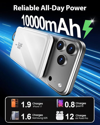 golioklsy Portable Charger Power Bank, 10000mAh Phone Charger with Built-in Cable, 20W PD Fast Charging, Slim Battery Pack with LED Display, Travel Essential for iPhone 17/16/15/14 All Series, White
