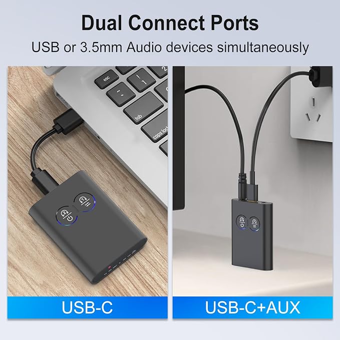 Bluetooth Transmitter Receiver for TV, 2-in-1 Bluetooth 5.3 Adapter with Qualcomm aptX Adaptive Supports 2 AirPods/Headphones Wireless HD Audio Adapter for Airplane, Car, Gym, Home Stereo