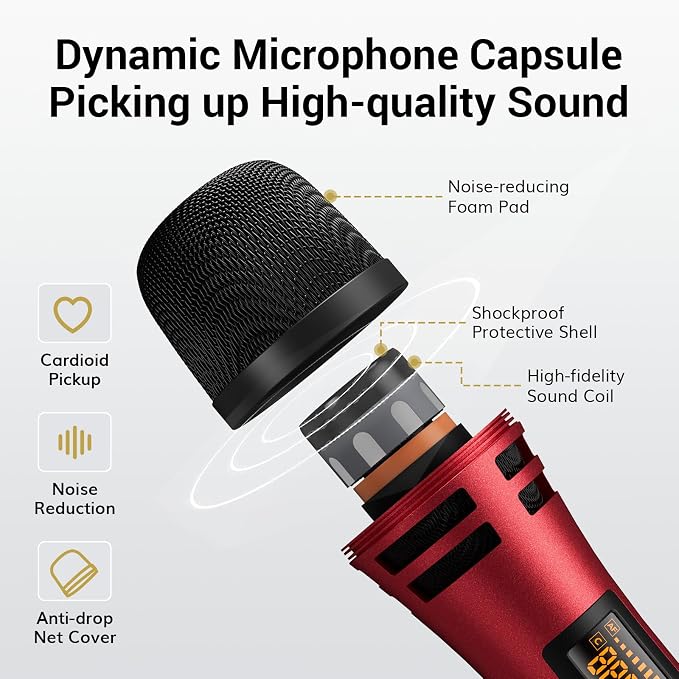 TONOR Wireless Microphones System with 4x10 Channels Cordless Handheld Microfono Inalambrico, UHF Mics with Stable Signal Transmission for Karaoke Singing Party Church Wedding 60 m/200ft Red