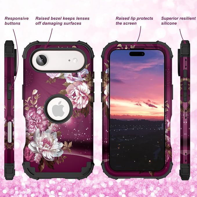 Hocase for iPhone Air Case 6.5", Heavy Duty Shockproof Protection Soft Silicone Rubber+Hard Plastic Bumpers Hybrid Protective Case for iPhone Air 2025 - Royal Purple Flowers