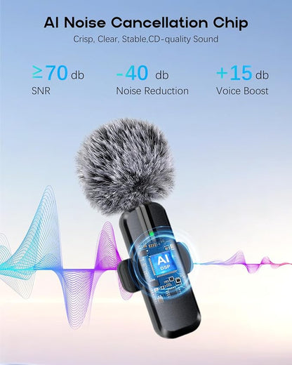 Wireless Mini Microphone for iPhone - 2 Pack Lavalier Bluetooth Microphone for Video Recording, 2 in 1 Noise Reduction Lapel Mic for Ipad, Android,Clip-on Mini Mic for Content Creators Podcast