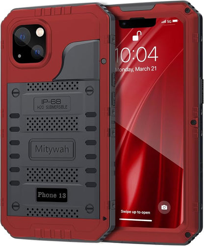 Mitywah Waterproof Case for iPhone 13, Heavy Duty Military Grade Drop Protection Phone Case with Built-in Screen Protector, 360° Full Body Protection Metal Armor Dropproof Case 6.1 inch, Red
