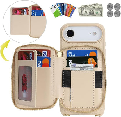 Crossbody Wallet Case for iPhone Air, PU Leather Zipper Handbag Purse Flip Cover, Kickstand Folio Case with Card Slots Holder Wrist Strap Lanyard 5G 6.5 Inch-White