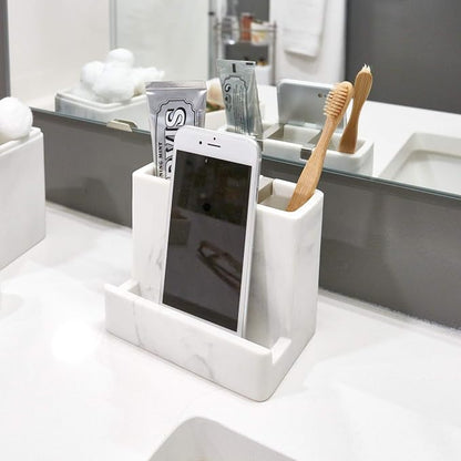 iDesign 28250 Dakota Resin Marble Vanity Center for Toothbrush, Cell Phone, Bathroom Countertops, Desks, Vanities, Dorm, Office - White Marble and Satin Metal Accents