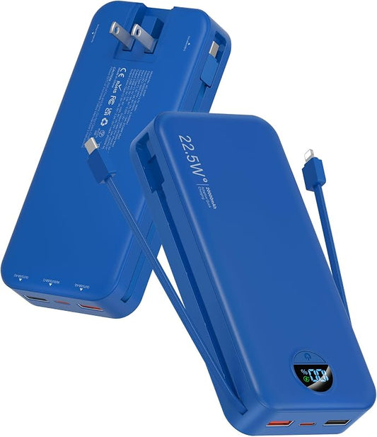 Portable Charger Power Bank, 20000mAh 22.5W USB C Fast Charging with Built-in Cables & Wall Plug, External Battery Pack with LED Display, Travel Essential for iPhone, iPad, Samsung Navy