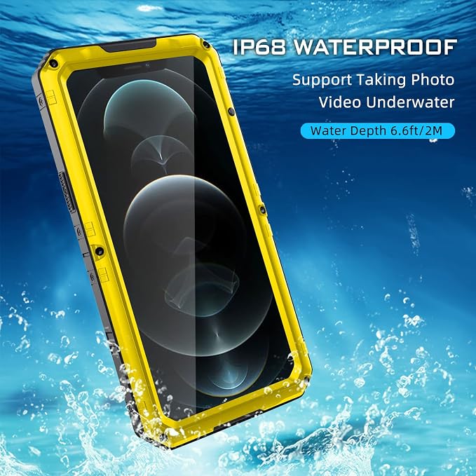 Mitywah Waterproof Case for iPhone 12 Pro, Heavy Duty Shockproof Case with Built-in Screen Protector, Full Body Underwater Protective Metal Case 6.1 inch, Yellow