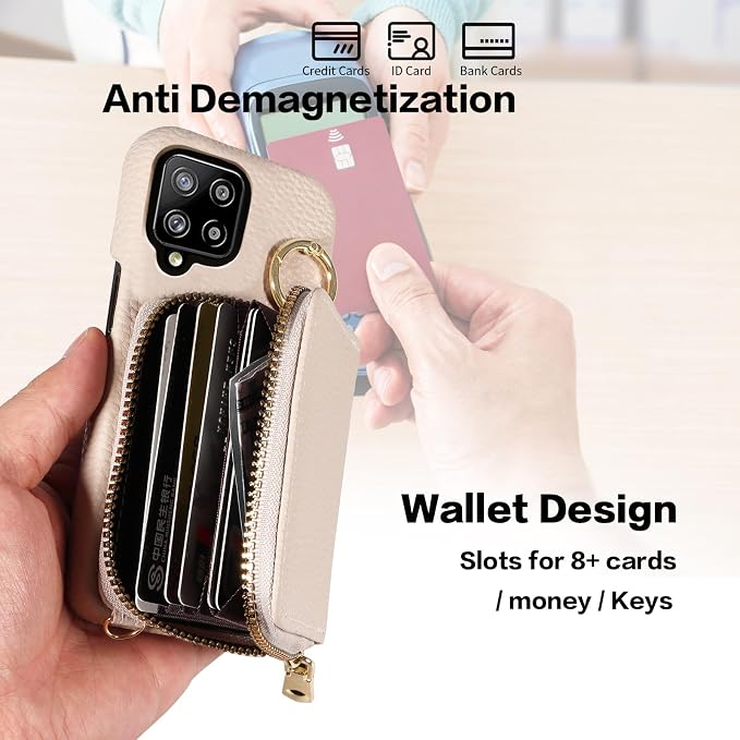 Wallet Case for Samsung Galaxy A22 4G 6.4 inch with Shoulder Strap Ring Buckle, PU Leather Zipper Organ Purse, Credit Card Holder Stand Phone Cover for M32 M22 F22 A 22 22A G4 Women Men White