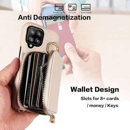 Wallet Case for Samsung Galaxy A22 4G 6.4 inch with Shoulder Strap Ring Buckle, PU Leather Zipper Organ Purse, Credit Card Holder Stand Phone Cover for M32 M22 F22 A 22 22A G4 Women Men White