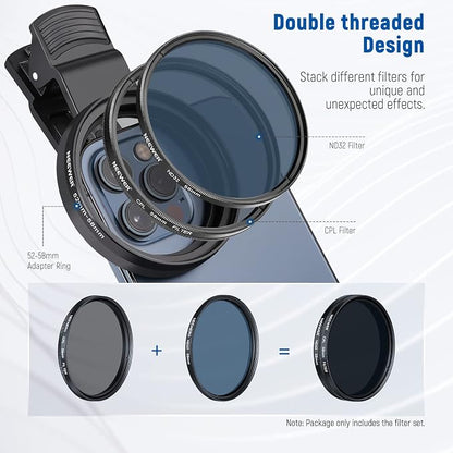 NEEWER 58mm Lens Filter Kit with Clip, CPL + ND32 + Starlight + 4 Graduated Colors, Compatible with iPhone 17 16 16e 15 14 Pro Max Canon Nikon Sony Camera