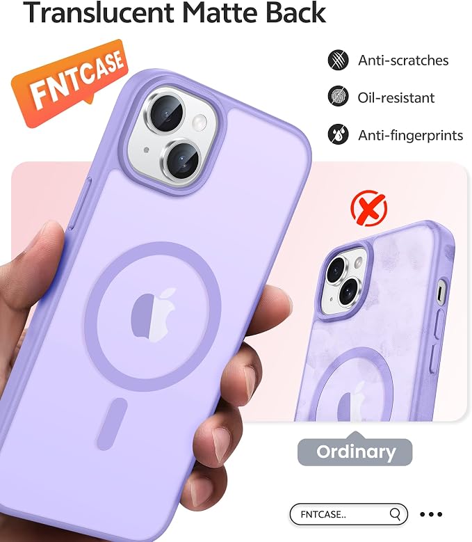 FNTCASE for iPhone 15 Plus Case: for iPhone 14 Plus Case Translucent Matte Military Grade Protective Phone Cover - Slim Anti-Slip Durable Shockproof Drop Protection Cases - Light Purple
