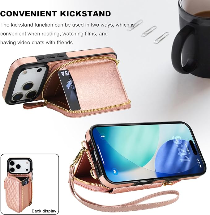 Bocasal Crossbody Wallet Case for iPhone 17 Pro, RFID Blocking PU Leather Zipper Handbag Purse Flip Cover, Kickstand Folio Case with Card Slots Holder Wrist Strap Lanyard 5G 6.3 Inch (Rose Gold)