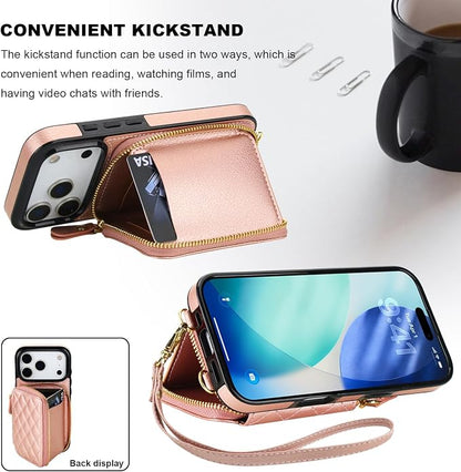 Bocasal Crossbody Wallet Case for iPhone 17 Pro, RFID Blocking PU Leather Zipper Handbag Purse Flip Cover, Kickstand Folio Case with Card Slots Holder Wrist Strap Lanyard 5G 6.3 Inch (Rose Gold)