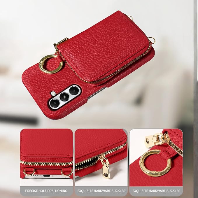 Wallet Case for Samsung Galaxy A34 5G with Shoulder Strap Ring Buckle, Luxury PU Leather Zipper Flip Organ Purse Credit Card Holder Stand Full Body Cell Phone Cover for A 34 34A Women Men Red