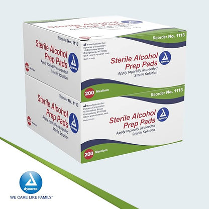 Dynarex Alcohol Prep Pads, Medical-Grade and Non-Woven Prep Pads, Saturated with 70% Isopropyl Alcohol, Rapid-Acting Antiseptic Wipes, 1-Ply, Medium, 2 Boxes of 200 Alcohol Prep Pads