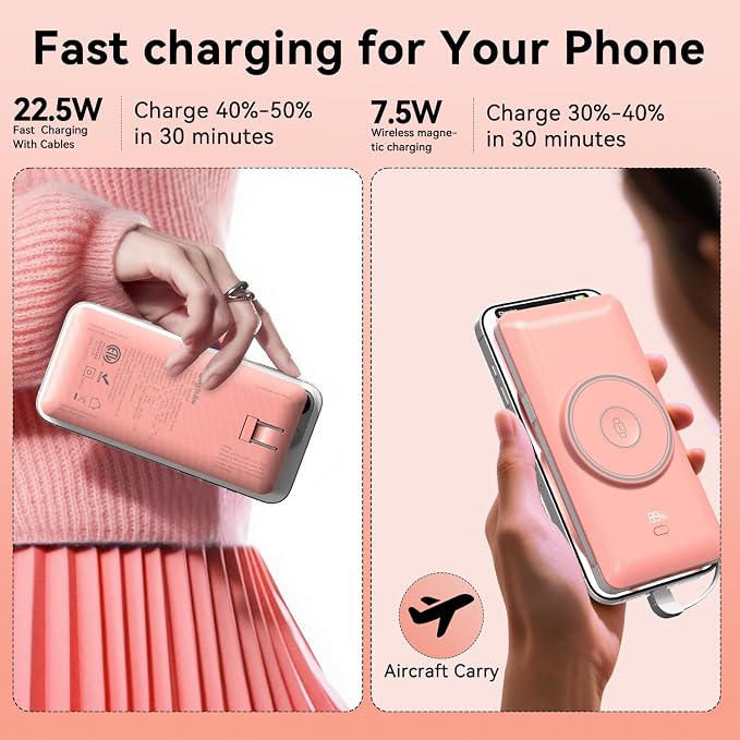 Magnetic 10000mAh Portable Charger for iWatch & iPhone, PD Fast Charging Wireless Power Bank Built-in Cables and Wall Plug, External Travel Battery Pack Compatible with iOS Android Phones