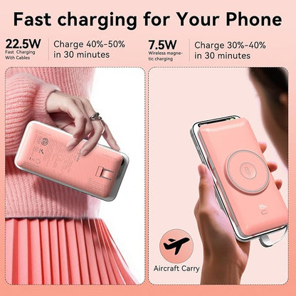 Magnetic 10000mAh Portable Charger for iWatch & iPhone, PD Fast Charging Wireless Power Bank Built-in Cables and Wall Plug, External Travel Battery Pack Compatible with iOS Android Phones