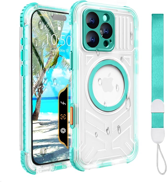 for iPhone 16 Pro Max Waterproof Case Compatible with MagSafe, IP68 Underwater Case Built-in Screen Protector, Slim Translucent 360° Full Body Protection, 12FT Military Grade, 6.9 Inch (Cyan)