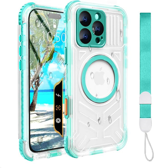 for iPhone 16 Pro Max Waterproof Case Compatible with MagSafe, IP68 Underwater Case Built-in Screen Protector, Slim Translucent 360° Full Body Protection, 12FT Military Grade, 6.9 Inch (Cyan)