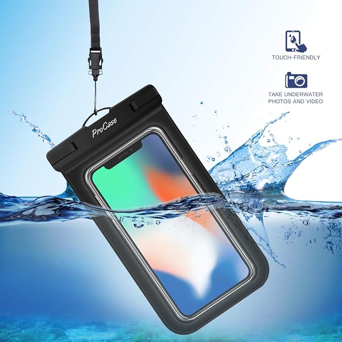 ProCase Waterproof Phone Pouch for iPhone 17 Air 16 15 14 13 12 11 Pro Plus Max Mini Xs XR X 8 7 Galaxy S23 S22 S21 Ultra Note Black Underwater Case, up to 7" -Black/White/Green/Clear