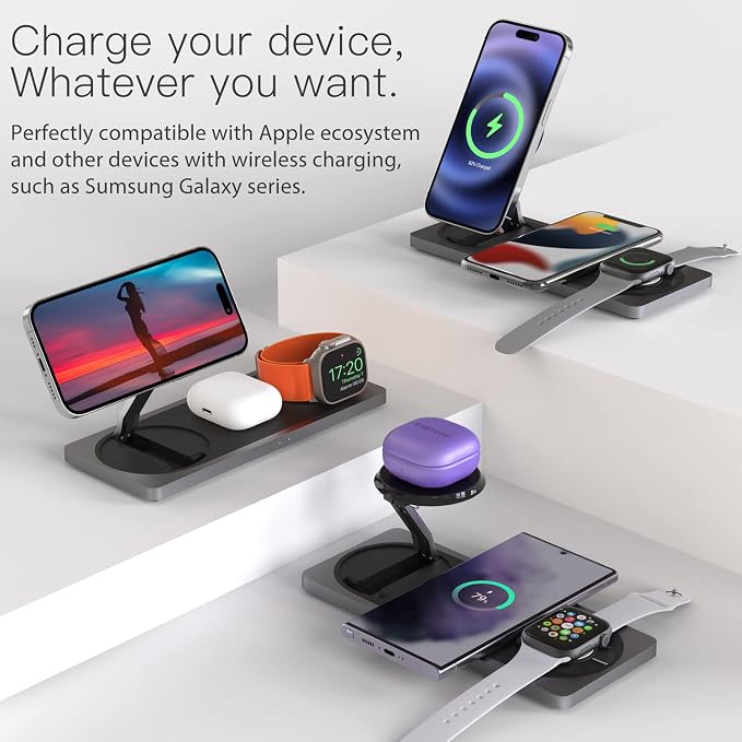 3-in-1 Charging Station for Apple Devices: Used for iPhone and Watch Charging Station with Magsafe Charger Stand, Wireless Charger for iPhone 17 Air 16 15 14 13 Series, Apple Watch Ultra, AirPods Pro