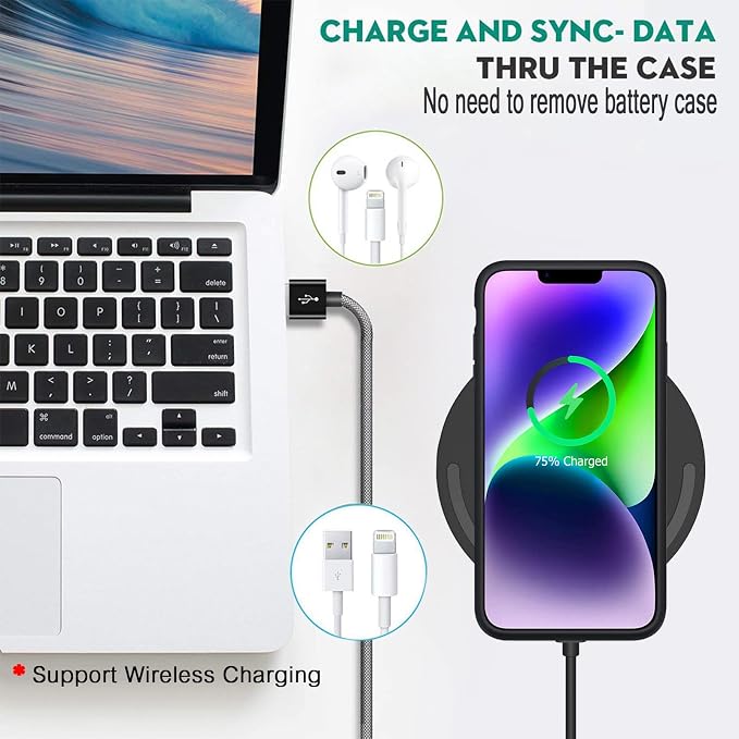 Wireless Charging Case for iPhone 14 Plus, 12000mAh High Capacity Portable Rechargeable Battery Case Wireless Charging Compatible with iPhone 14 Plus (6.7 inch) Extended Battery Charger Case (Black)