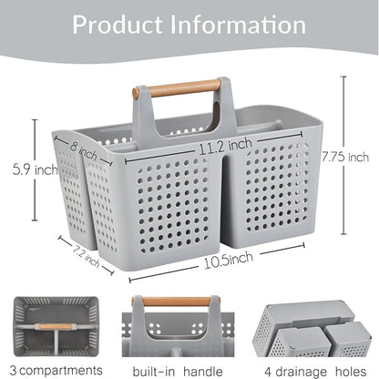 Portable Shower Caddy Basket with Compartments, Plastic Divided Cleaning Caddy Organizer Storage Tote with Handle for Bathroom, College, Dorm Room Essentials, Light Gray