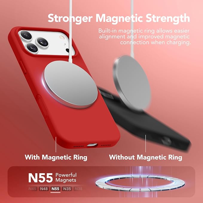 GONEZ Magnetic for iPhone 17 Pro Max Case, Compatible with MagSafe, [Screen Protector + Camera Lens Protector], Liquid Silicone Anti-Scratch Shockproof Protective Phone Case 6.9 inch, Red