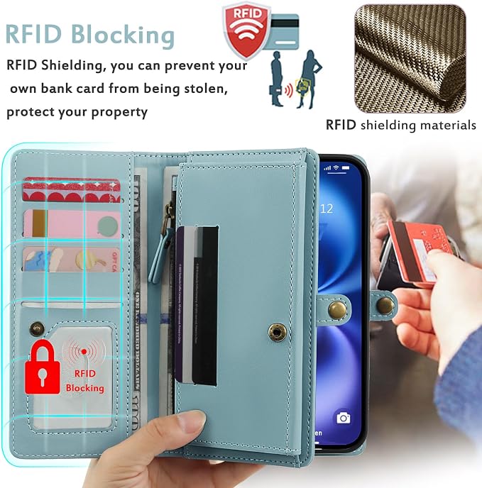 for Wallet Case Compatible with iPhone 16,Multi-Function Detachable 2 in 1 Magnetic iPhone 16 Case Wallet,Flip Strap Zipper Card Holder Phone Case with Shoulder Straps (Blue)