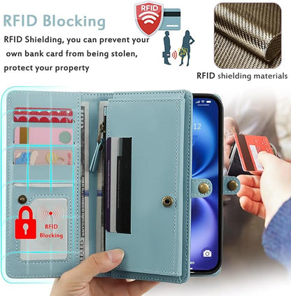 for Wallet Case Compatible with iPhone 16,Multi-Function Detachable 2 in 1 Magnetic iPhone 16 Case Wallet,Flip Strap Zipper Card Holder Phone Case with Shoulder Straps (Blue)