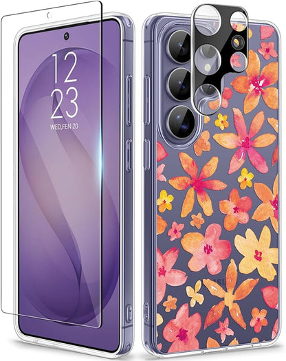 GVIEWIN for Samsung Galaxy S26 Ultra Case, Clear Floral Slim Shockproof Protective Women Phone Case, Non-Yellowing, with Screen Protector &Camera Lens Protector for S26 Ultra 6.9", Hemerocallis/Orange