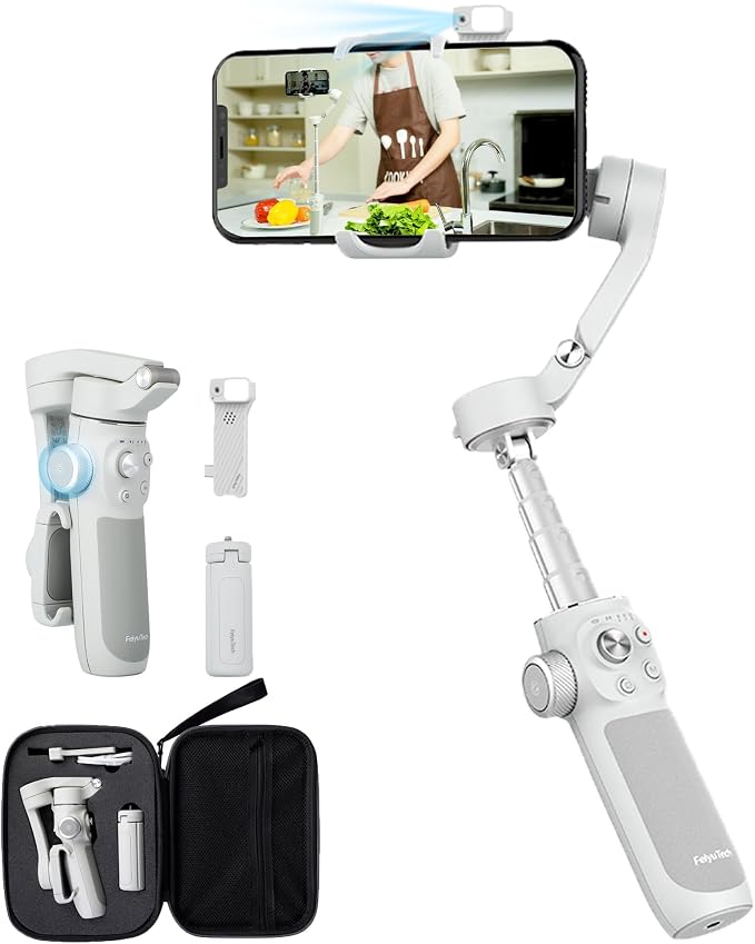 FeiyuTech VB4 Kit 3-Axis Smartphone Gimbal–Built-in 8.5" Extension Rod, AI Face Tracking&Fill Light, Carrying Case for for iPhone,Samsung Galaxy, Google Pixel Series, Motorola – Payload 9.2 oz