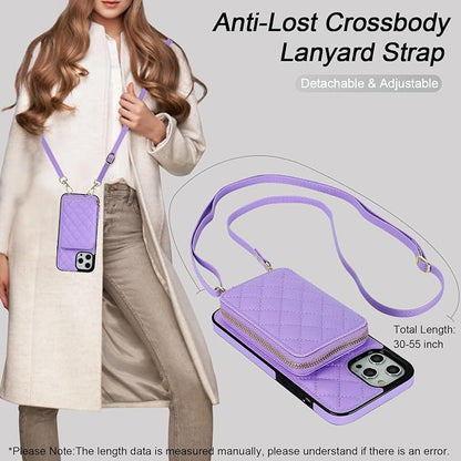 Bocasal Crossbody Wallet Case for iPhone 12 Pro Max, RFID Blocking PU Leather Zipper Handbag Purse Flip Cover, Kickstand Folio Case with Card Slots Holder Wrist Strap Lanyard 5G 6.7 Inch (Purple)