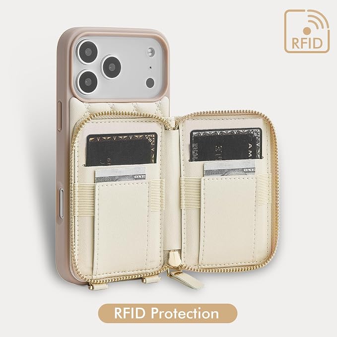 LAMEEKU for iPhone 17 Pro Wallet Case with Card Holder,Crossbody Phone Cover Quilted Leather Zipper Purse 6.3" Beige
