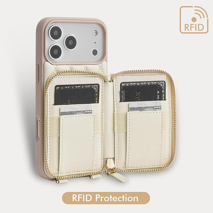 LAMEEKU for iPhone 17 Pro Wallet Case with Card Holder,Crossbody Phone Cover Quilted Leather Zipper Purse 6.3" Beige