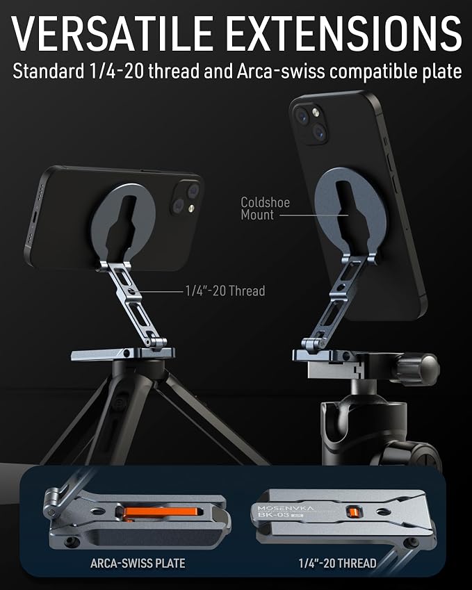 Magnetic Phone Mount,[Ultra-Thin] Magnetic Tripod for iPhone with Arca-Swiss&Cold Shoe&1/4" Screw&Foldable Hook Design,Phone Stand for iPhone 12-17 Series,Vlog,Gym,Travel Use