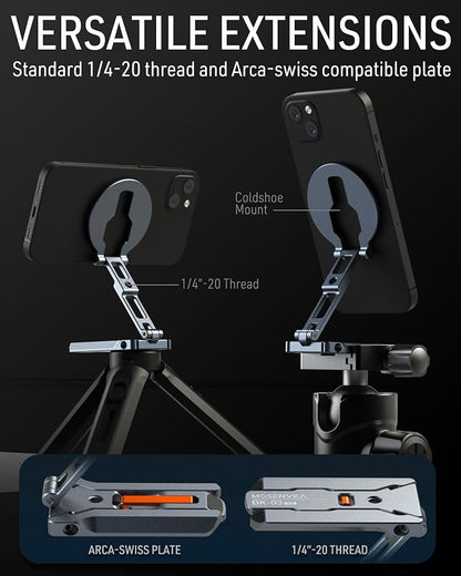 Magnetic Phone Mount,[Ultra-Thin] Magnetic Tripod for iPhone with Arca-Swiss&Cold Shoe&1/4" Screw&Foldable Hook Design,Phone Stand for iPhone 12-17 Series,Vlog,Gym,Travel Use