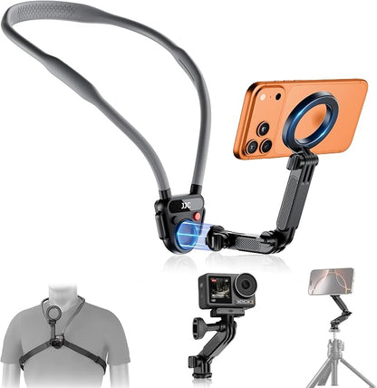 JJC Magnetic Neck Mount for Phone & Action Camera, POV Neck Holder for iPhone 17-12 Series Android Phones Gopro Insta360 with Quick Release & Angles Adjustment for Content Creating Video Filming
