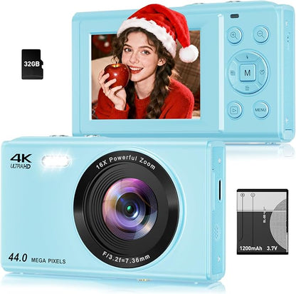 Digital Camera, 4K 44MP Autofocus Point and Shoot Camera with 16X Zoom 2.4" LCD Portable Compact Camera for Kids Teens Boys Girls Adults