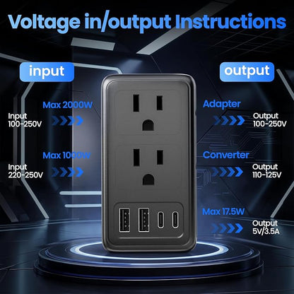 2000W Voltage Converter US to Europe, with 2 USB A and 2 USB C Ports | 220V to 110V Converter for European Travel for Hair Dryer, Travel Adapter Converter Combo
