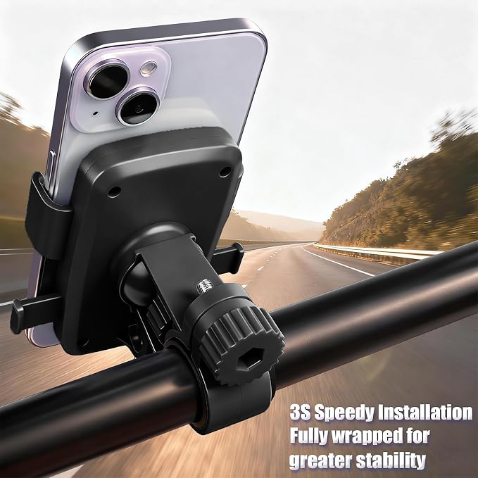 Motorcycle Bike Phone Mount, Bike Cell Phone Holder Clip, Bicycle Scooter Handlebar Clamp, for iPhone 17 16 15 14 Pro Max, Galaxy S25 S24 Ultra, 4.7-7" Phones, Black