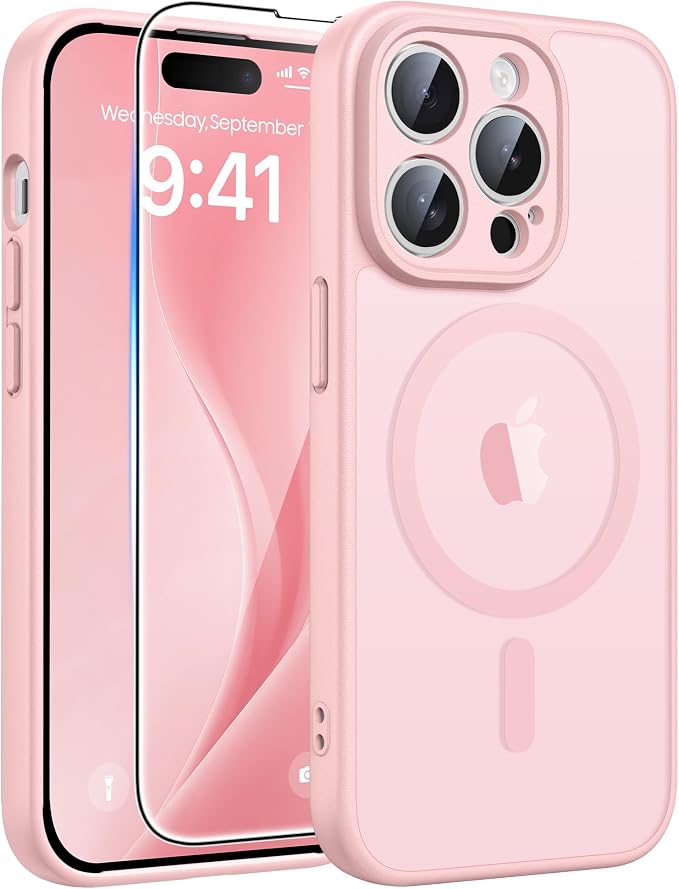 FNTCASE for iPhone 14 Pro Max Case: [Compatible with Magsafe] Translucent Matte Cases with [Full Camera Protection] [Screen Protector] Military Grade Shockproof Protective Phone Cover - Light Pink